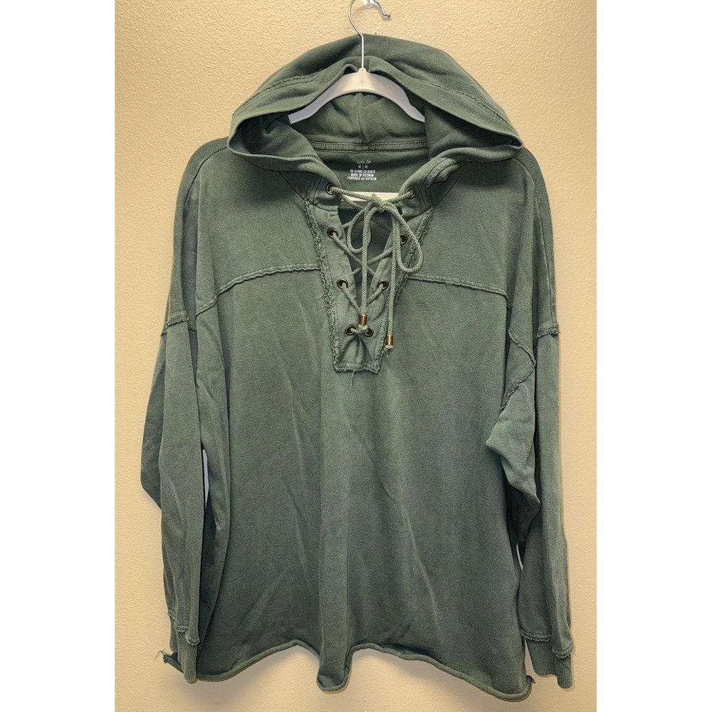 Aerie American Eagle Green Lace Up Raw Hem Sweatshirt Medium Hoodie Oversized